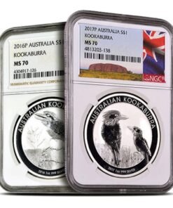 1 oz Australian Silver Kookaburra Coin MS70 (Random Year, Varied Label, PCGS or NGC)